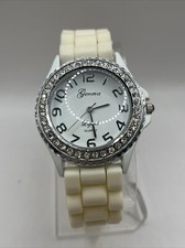 Geneva Legend Women's Watch Rhinestone Bezel White Silicone Band- New Battery