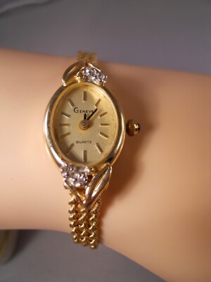 GENEVE 14K YELLOW GOLD DIAMOND 3 ROW ROPE CHAIN BRACELET BAND QUARTZ SWISS WATCH