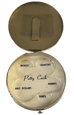 Vintage Coin Compact Petty Cash Bill Holder Round Gold Tones Floral Design