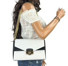 MICHAEL KORS KINSLEY MEDIUM FLAP SHOULDER BAG MK SIGNATURE WHITE BLACK