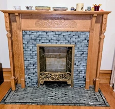 Gorgeous Victorian Oak 1890's Fireplace w/ornate metal gas Lion face inset 