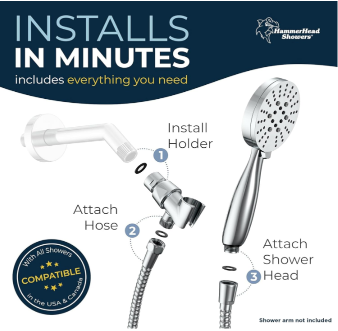 HammerHead Showers® ALL METAL 3Spray Handheld Shower Head with Long