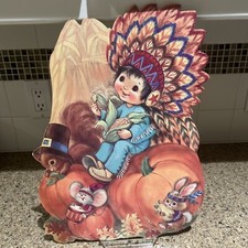 VTG Thanksgiving Native American Indian Boy Eureka Die Cut 2 Sided Cardstock USA
