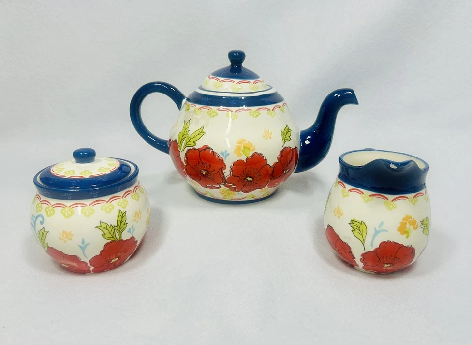 Tetera de café floral de cera holandesa Coastline Imp - roja/azul/blanca con crema y azúcar Foto 4 de 4