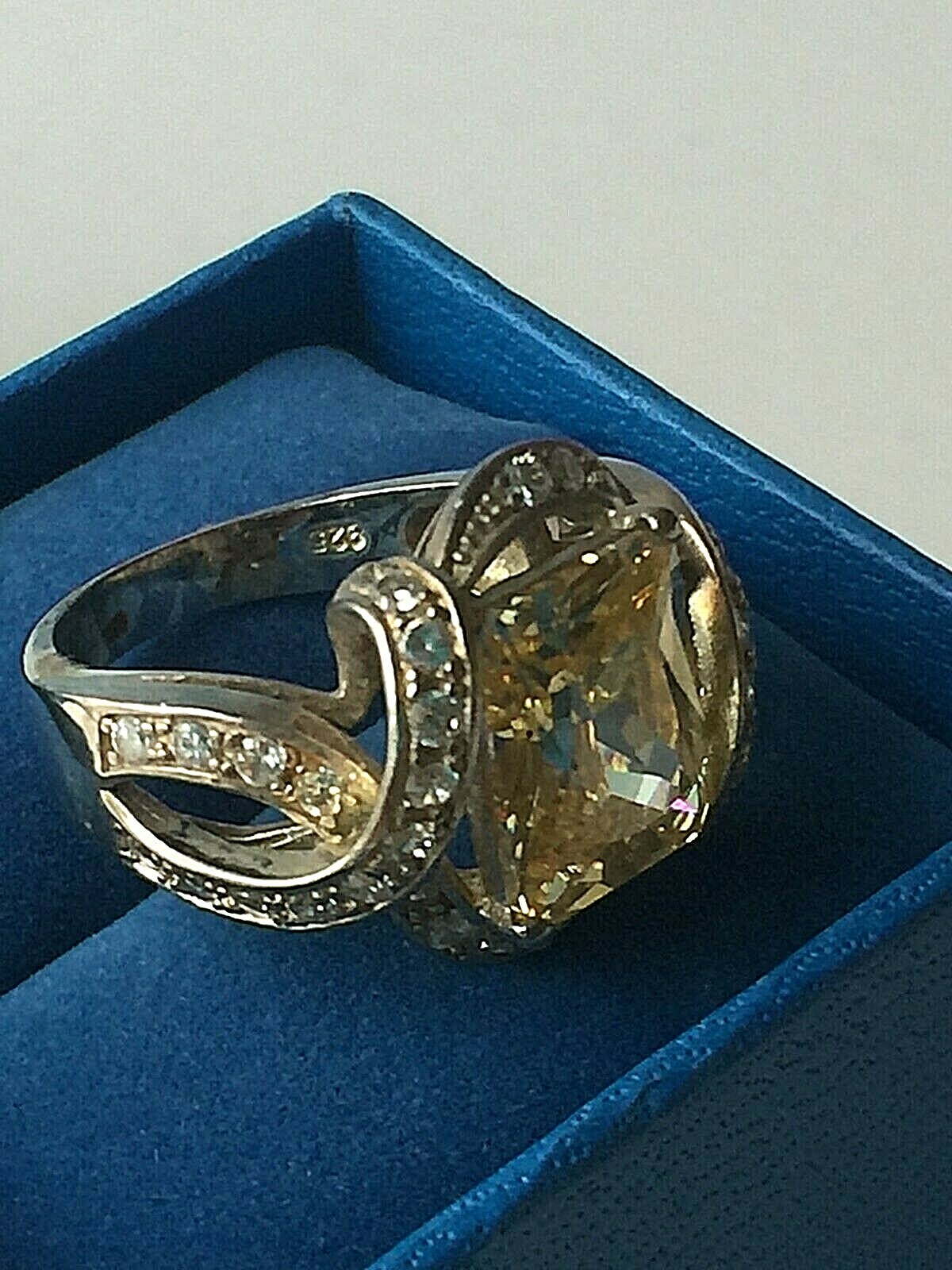 Size 6 Womens DESIGNER 925 STERLING SILVER BIG CHAMPAGNE STONE & CZ