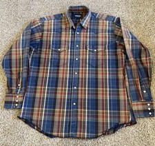 Vintage Wrangler Shirt Mens Large Pearl Snap Button Down Denim Western Plaid