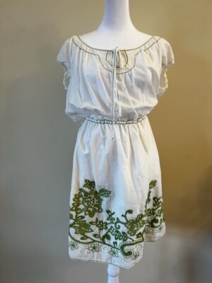 MSSP Max Studio NWT  Ivory Green Floral Embroidered Peasant Off Shoulder Dress L