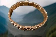 7" Flat Gold Nugget Bracelet Plated  3 CZ Stones app.  8.6mm. Wide Unisex 