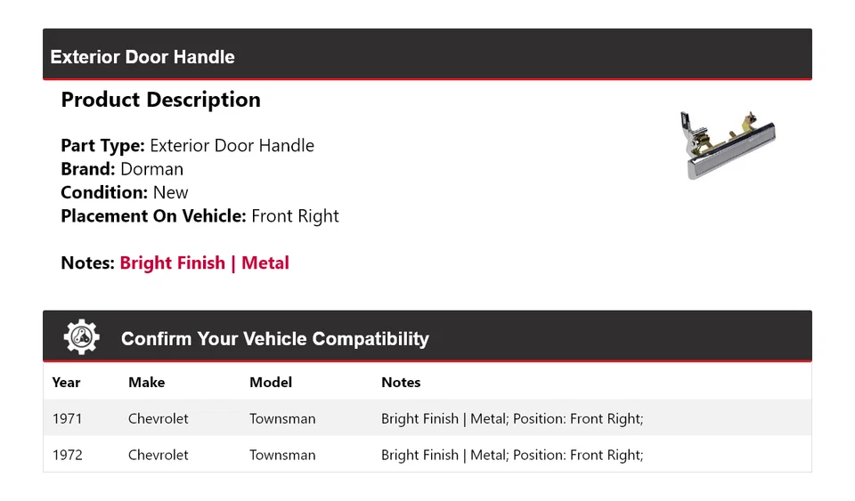 For 1971-1972 Chevrolet Townsman Dorman Exterior Door Handle Front Right - Image 2 of 4