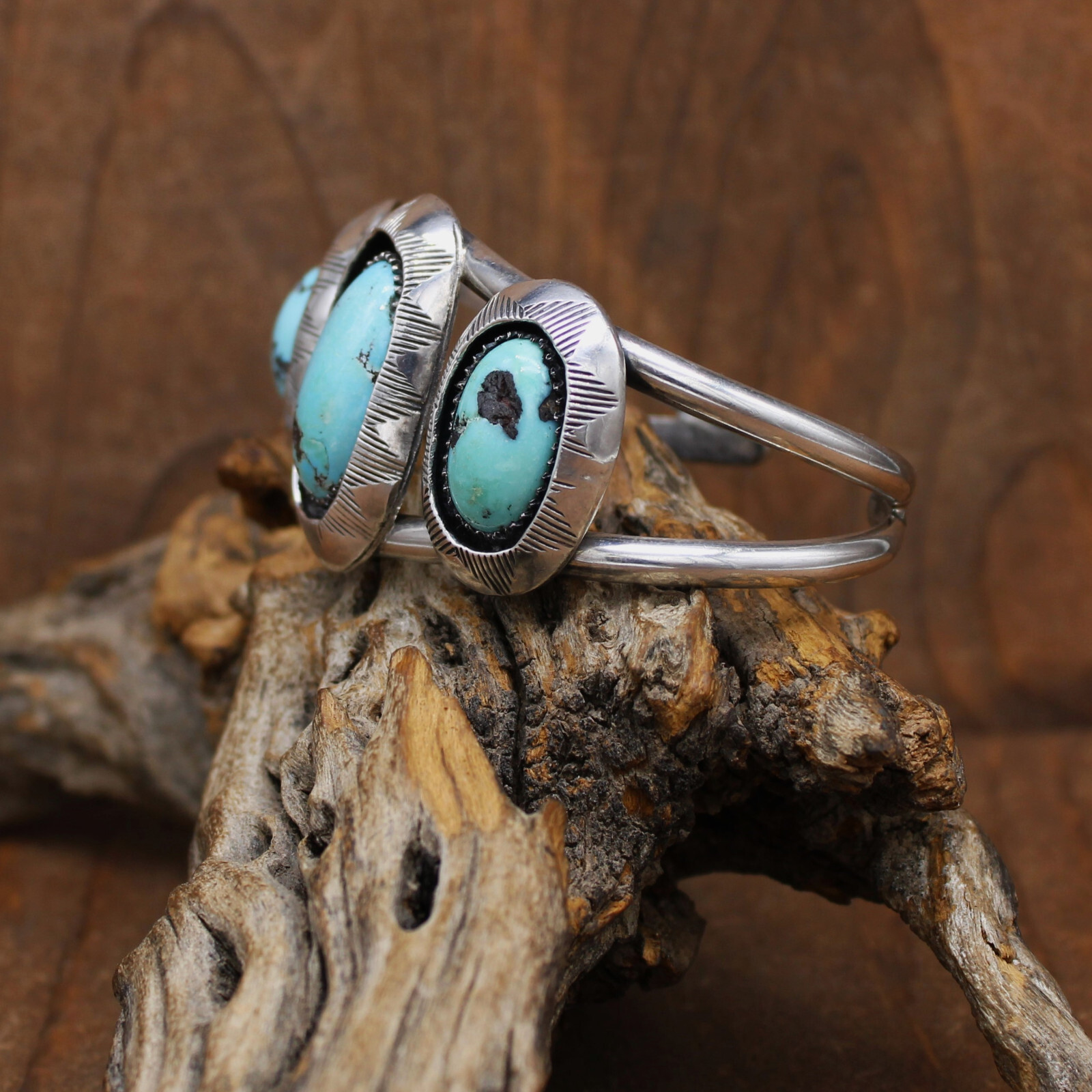 Sterling Silver Three Shadowboxes Turquoise Brace… - image 3