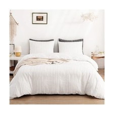 WARMDERN White Boho Duvet Cover Set King Size, Striped Textured Duvet Cover T...