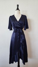 Anthropologie Midi Dress New Size Small Satin Navy Blue Faux Wrap Wedding Boho
