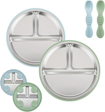 2 Pack Stainless Steel Baby Suction Plates 2 Pack Spoons, Toddler Utensils Bab