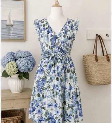Laura Ashley Blue Floral Women s Dress Ruffle Sleeveless Dress Size Medium NWT