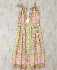 NWT Gretchen Scott Dress Sz M Fun in the Sun Watteau Sleeveless Maxi Pink/Lime