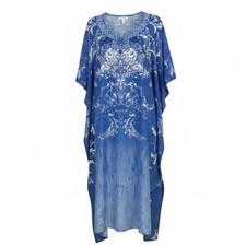 Ananda Fashion Blue White Paisley Embellished Kaftan Maxi Dress Viscose OS