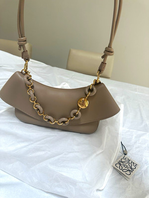 Loewe Small Taupe Crescent Shoulder Bag Detachable Strap Gold Hardware Dust Bag
