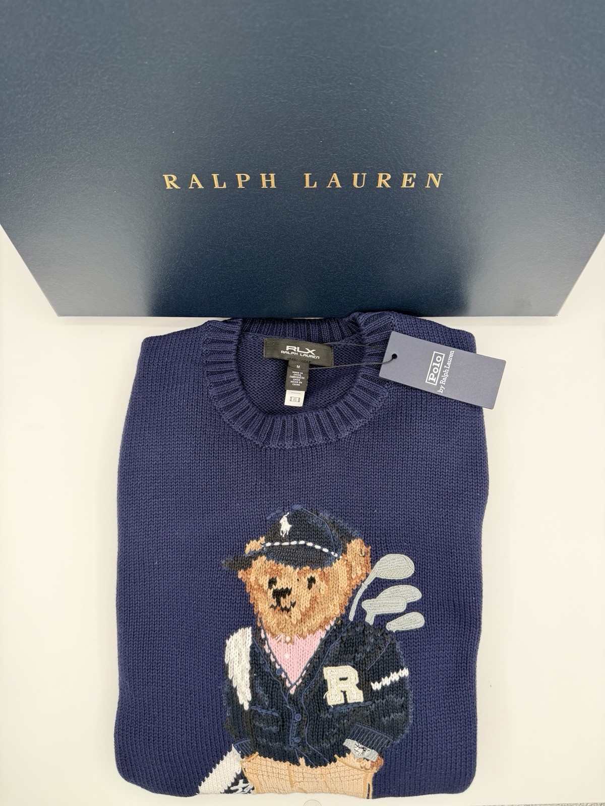 RLX RALPH LAUREN Men's Polo Bear Cotton Ribbed Knit Sweater Long Sleeve Medium