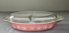 Vintage Pyrex Pink Daisy Divided Oval Casserole Dish  1- 1/2 Quart with Lid