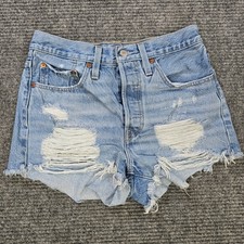 Levi's 501 Shorts Womens 26 Blue High Rise Distressed Button Fly Raw Hem