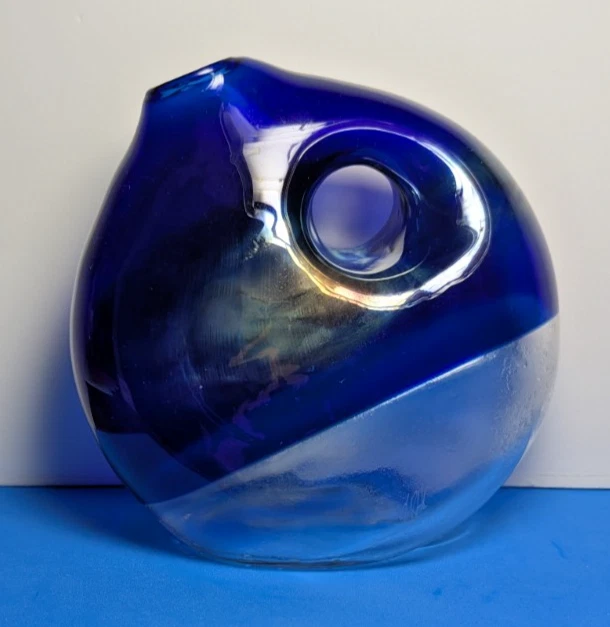 Signed Hand Blown Glass Vase/Oil Decanter Cobalt Blue & Clear MCM Donut Design