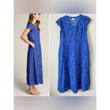 J JILL Love Linen Paisley Maxi Dress S Pockets Relaxed Coastal Blue Boho Resort