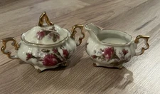 Vintage Royal Sealy Japan Cream & Sugar Set Pink Roses Gold Trim Footed