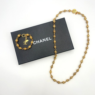Auth Chanel Max Coco Mark Ball Necklace/Bracelet Logo Engraved W/Box MR 0409