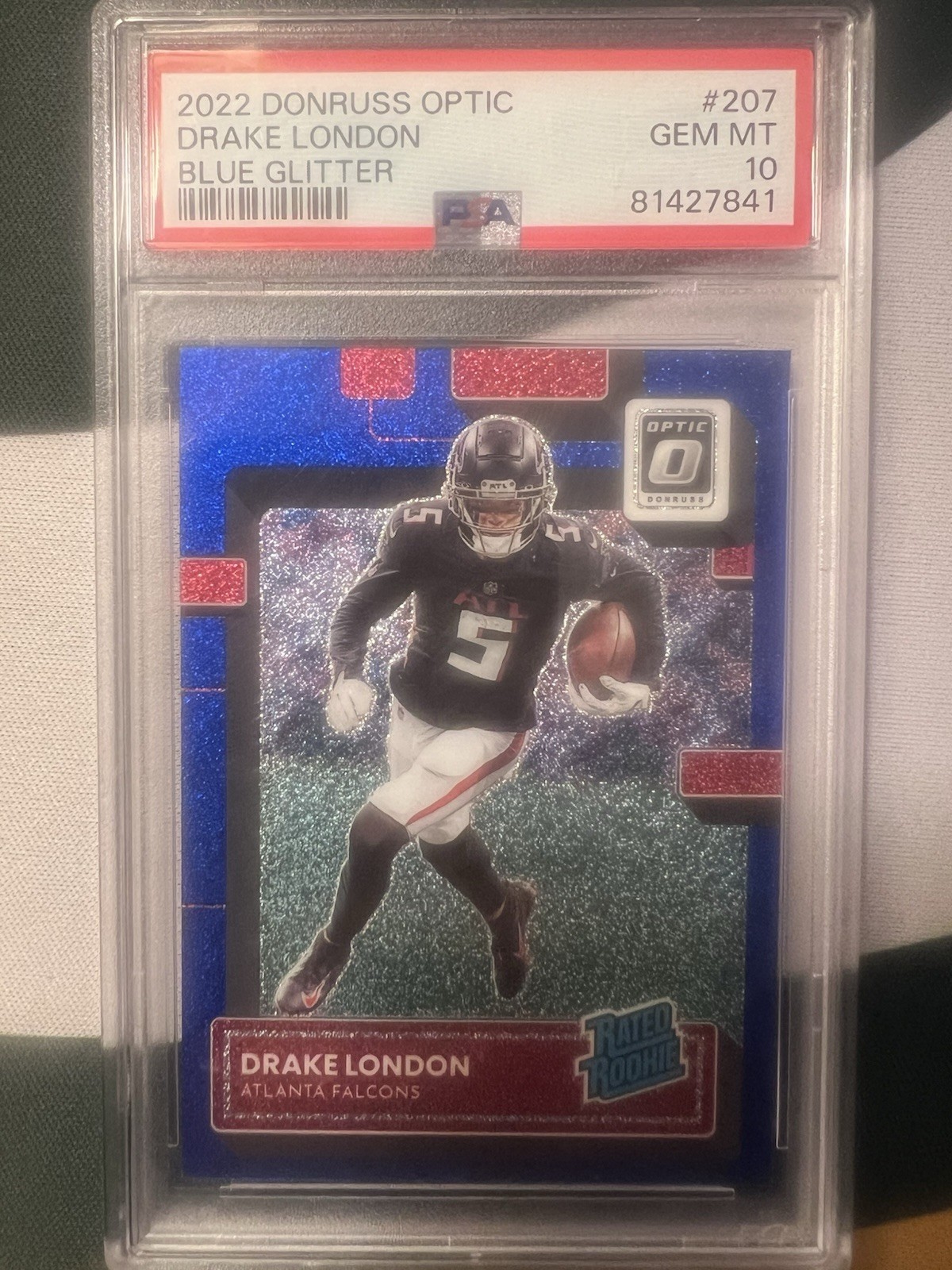 2022 Panini Donruss Optic RC Blue Glitter Prizm #207 Drake London PSA Gem MT 10!