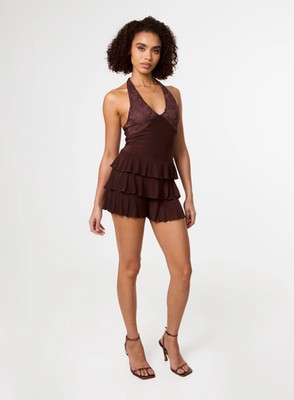 Rosa Vanille Damen SCHOKOLADE Spitze Rüschen Playsuit