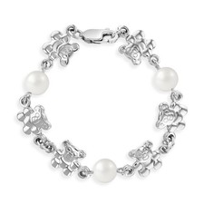 925 Sterling Silver 4.5" Teddy Bear  Simulated Pearl Bracelet for Baby Girls