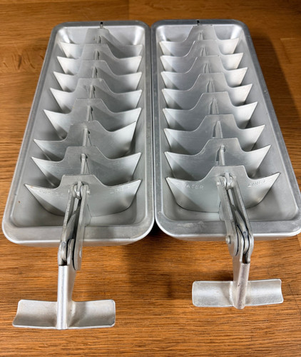 Vintage Mid-Century Pair of Aluminum 18 Cube Lift Handle One Piece Ice Trays