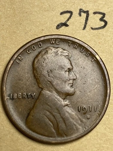 1911-S LINCOLN WHEAT CENT, rare date, "VERY GOOD" condition #273