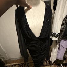 New Windsor Black Sequin Ruched Bodycon Dress Long Sleeve Knee Length S
