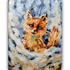 ACEO Original Painting Fox Winter Landscape Christmas Trees Night Red Snow Art