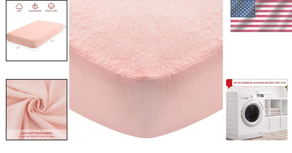 Уютная простыня для кроватки из 100% хлопковой фланели розового цвета - плотно прилегает к стандартным матрасам - Изображение 2 из 4