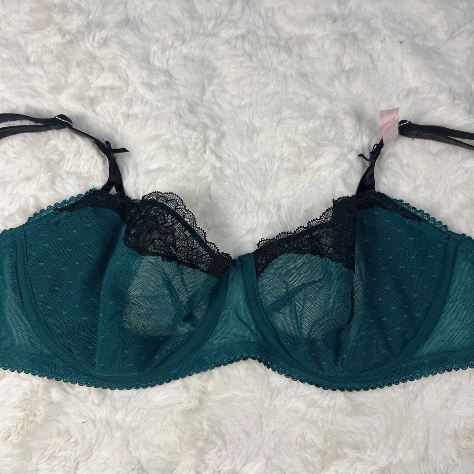 Бюстгальтер балконетный Victoria's Secret Dream Angels Wicked без подкладки бирюзовый черный кружевной 36DD - Изображение 3 из 4