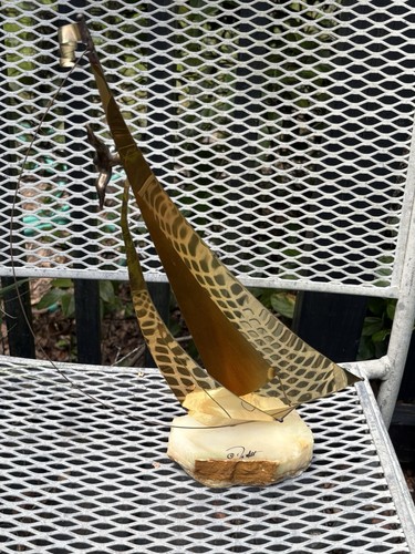 VTG DeMott Sculpture Brass Sailboat 15” Mid-Century MCM Art on Stone Base Signed - Picture 24 of 24
