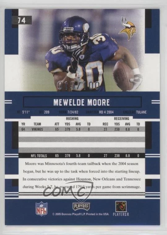 2005 Playoff Prestige Xtra Points Purple /100 Mewelde Moore #74 - Image 2 of 2