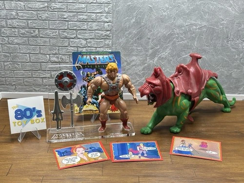 He-Man & Battle Cat 100% Complete Vintage 1981 Soft Head Taiwan Figures W/ Stand