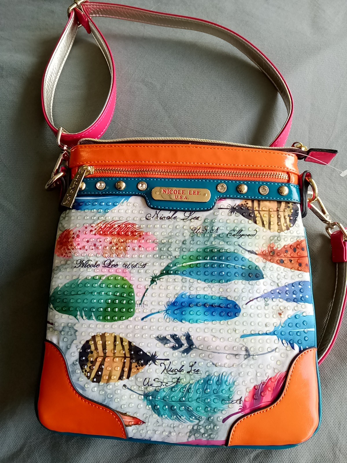 Nicole Lee USA Crossbody Purse Bag Orange with Multi Color F