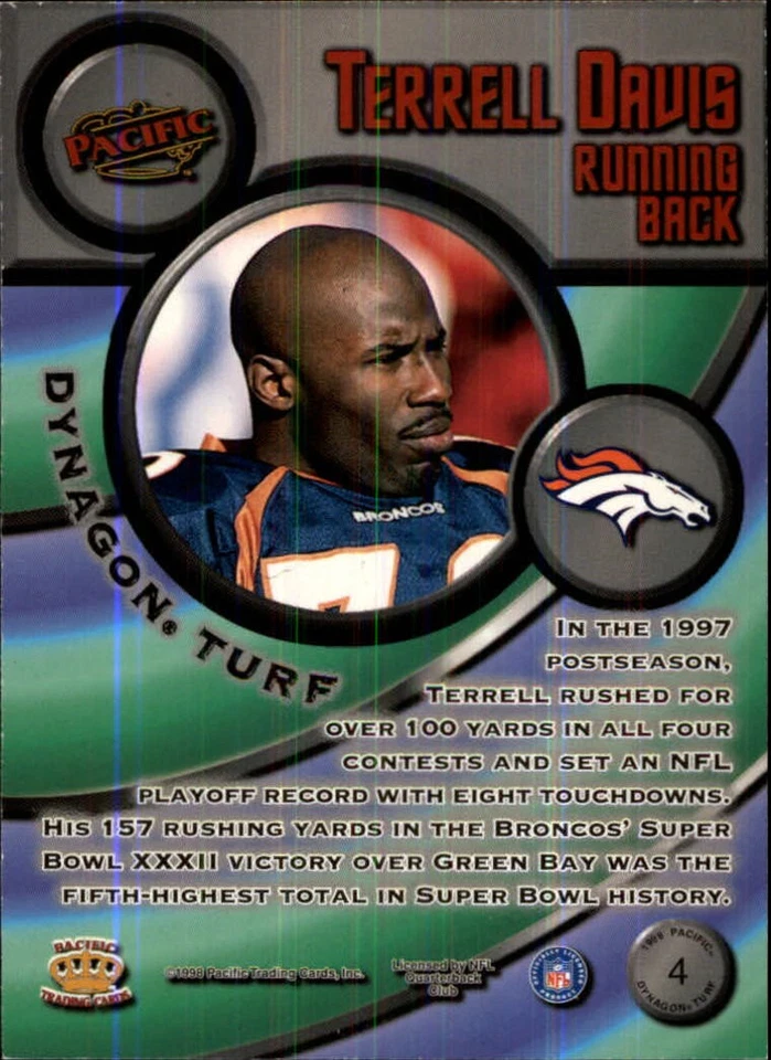 1998 Pacific Dynagon Turf #4 Terrell Davis - FB - Image 2 of 2