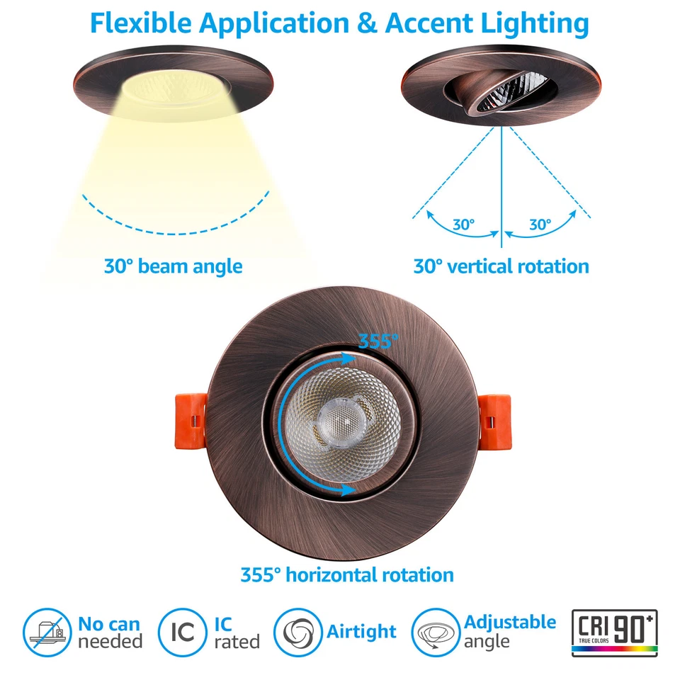Iluminación empotrada cardán de 3 pulgadas 5CCT, 7W, bronce frotado con aceite, paquete de 6 Foto 2 de 4