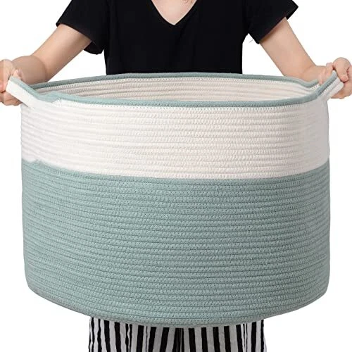 XXXL Large Green Woven Cotton Rope Basket in Living Room Blanket Storage Basket