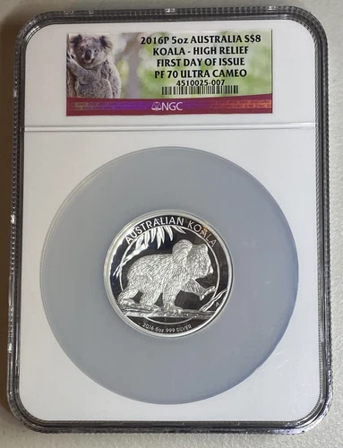 2016 Australia 5oz Koala Silver High Relief NGC PF-70 First Day with Case & CoA
