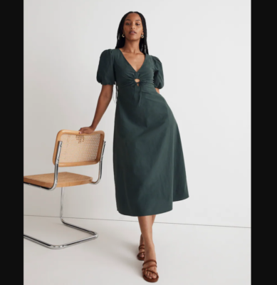 madewell formal dresses NEW NWT Womens 0 Green Terri Poplin Cutout Puff Sleeve Midi Dress Riwayat