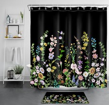 Green Leaf Purple Wildflower on Black Shower Curtain Bathroom Accessories Set