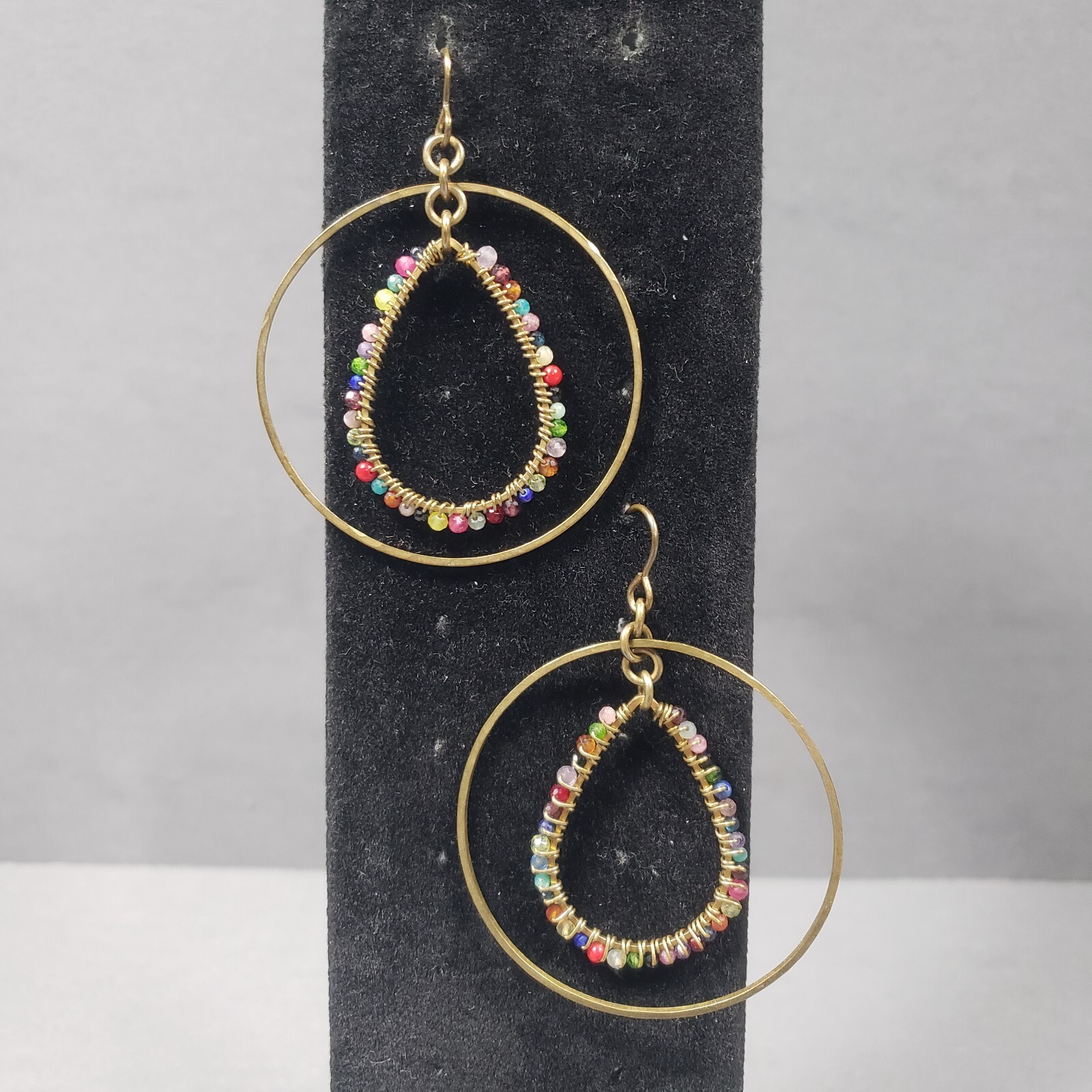 Hoop Earrings Gold Tone Dangle Seed Beads Modernist Steampunk Pierced 2.5