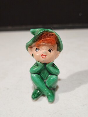 Vintage Brinns Pixie Elf Green RED Hair 3'' SITTING BOY Ceramic