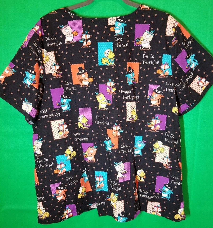 Cherokee Black Thanksgiving Scrub Top Nursing Medical Vet Turkey Fall Womens 2X - Image 2 of 4